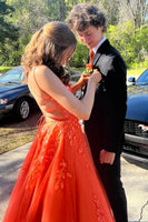Load image into Gallery viewer, Sparkly Orange Corset Sweetheart A-Line Long Prom Dress with Appliques