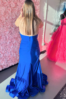 Royal Blue Halter V-Neck Mermaid Long Satin Prom Dress