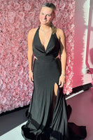 Load image into Gallery viewer, Black Halter Mermaid V-Neck Long Satin Prom Dress with Slit