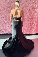 Load image into Gallery viewer, Black Halter Mermaid V-Neck Long Satin Prom Dress with Slit
