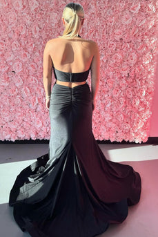 Black Halter Mermaid V-Neck Long Satin Prom Dress with Slit