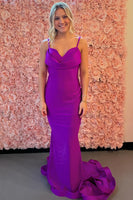 Load image into Gallery viewer, Purple Backless Spaghetti Straps Sweep Train Long Satin Prom Dress