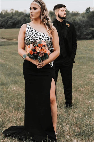 Black Mirror One Shoulder 2 Piece Long Prom Dress with Slit