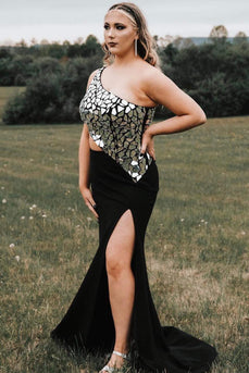 Black Mirror One Shoulder 2 Piece Long Prom Dress with Slit