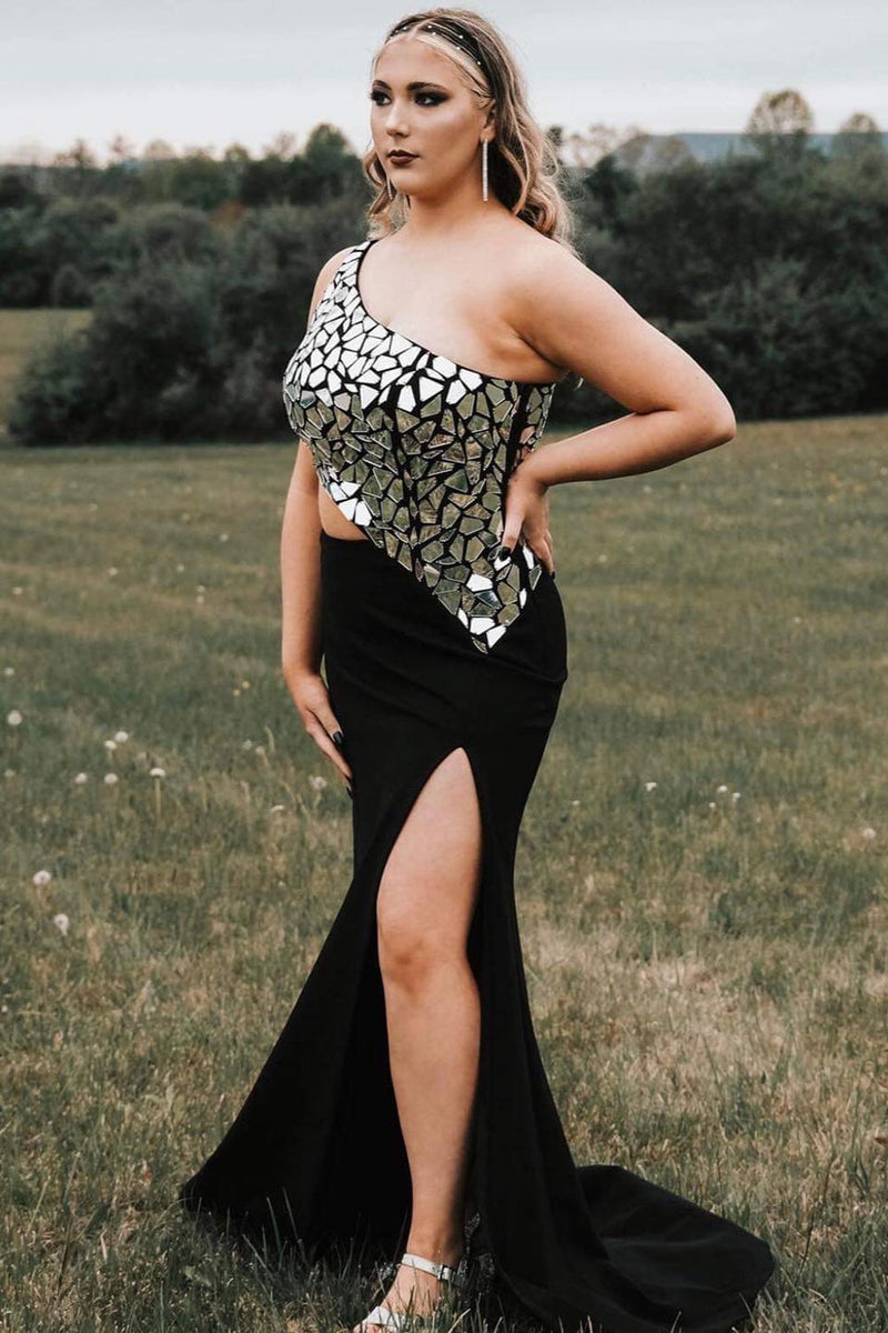 Load image into Gallery viewer, Black Mirror One Shoulder 2 Piece Long Prom Dress with Slit