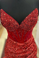 Load image into Gallery viewer, Sparkly Sequined Red Corset Long Prom Dress with Slit