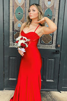 Load image into Gallery viewer, Red Mermaid Spaghetti Straps Long Satin Prom Dress