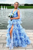 Load image into Gallery viewer, Women Floral Blue A Line Tiered Prom Dress with Slit Tulle V-Neck Backless Long Tie Straps Formal Dress