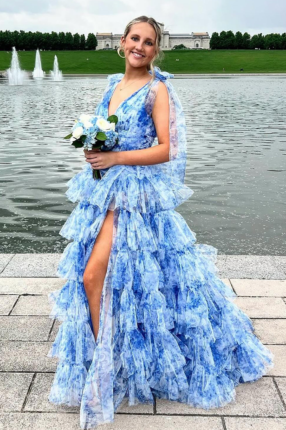 Women Floral Blue A Line Tiered Prom Dress with Slit Tulle V-Neck Backless Long Tie Straps Formal Dress