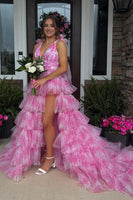 Load image into Gallery viewer, Floral Blue Tiered Tie Strap A-Line Long Prom Dress with Slit