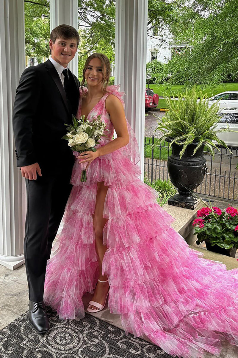Load image into Gallery viewer, Floral Blue Tiered Tie Strap A-Line Long Prom Dress with Slit