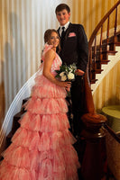 Load image into Gallery viewer, Floral Blue Tiered Tie Strap A-Line Long Prom Dress with Slit