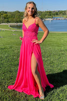 Load image into Gallery viewer, Fuchsia Floral Pleated A Line Corset Long Prom Dress with Slit