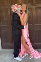 Load image into Gallery viewer, Pink Halter Mermaid Long Satin Prom Dress with Slit