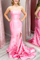 Load image into Gallery viewer, Pink Strapless 3D Flowers Mermaid Long Satin Prom Dress with Slit