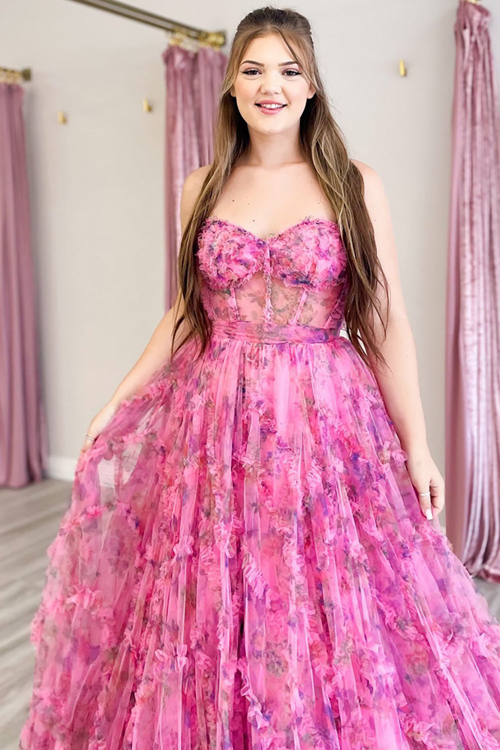 Floral Pink Sweetheart Strapless Corset A Line Long Prom Dress