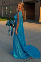 Load image into Gallery viewer, Sparkly Blue One Shoulder Long Sequins Prom Dress with Slit