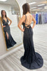 Load image into Gallery viewer, Backless Sparkly Black Beaded V-Neck Long Prom Dress with Slit