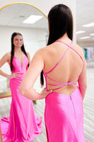 Load image into Gallery viewer, Fuchsia Mermaid Backless Long Satin Prom Dress with Slit