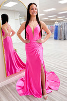 Load image into Gallery viewer, Fuchsia Mermaid Backless Long Satin Prom Dress with Slit
