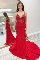 Load image into Gallery viewer, Beaded Sparkly Red Spaghetti Straps Long Corset Prom Dress
