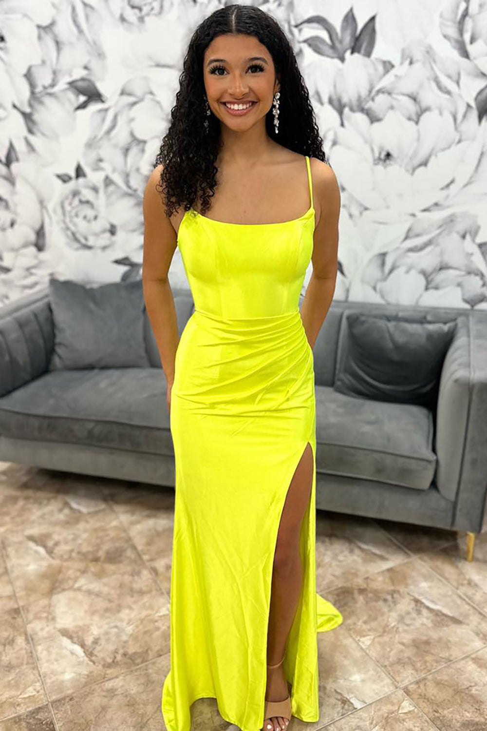 Mermaid Yellow Spaghetti Straps Long Prom Dress with Slit