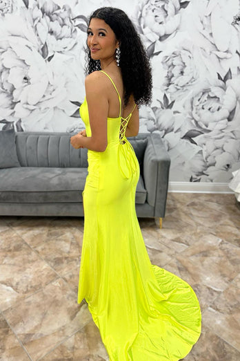 Mermaid Yellow Spaghetti Straps Long Prom Dress with Slit