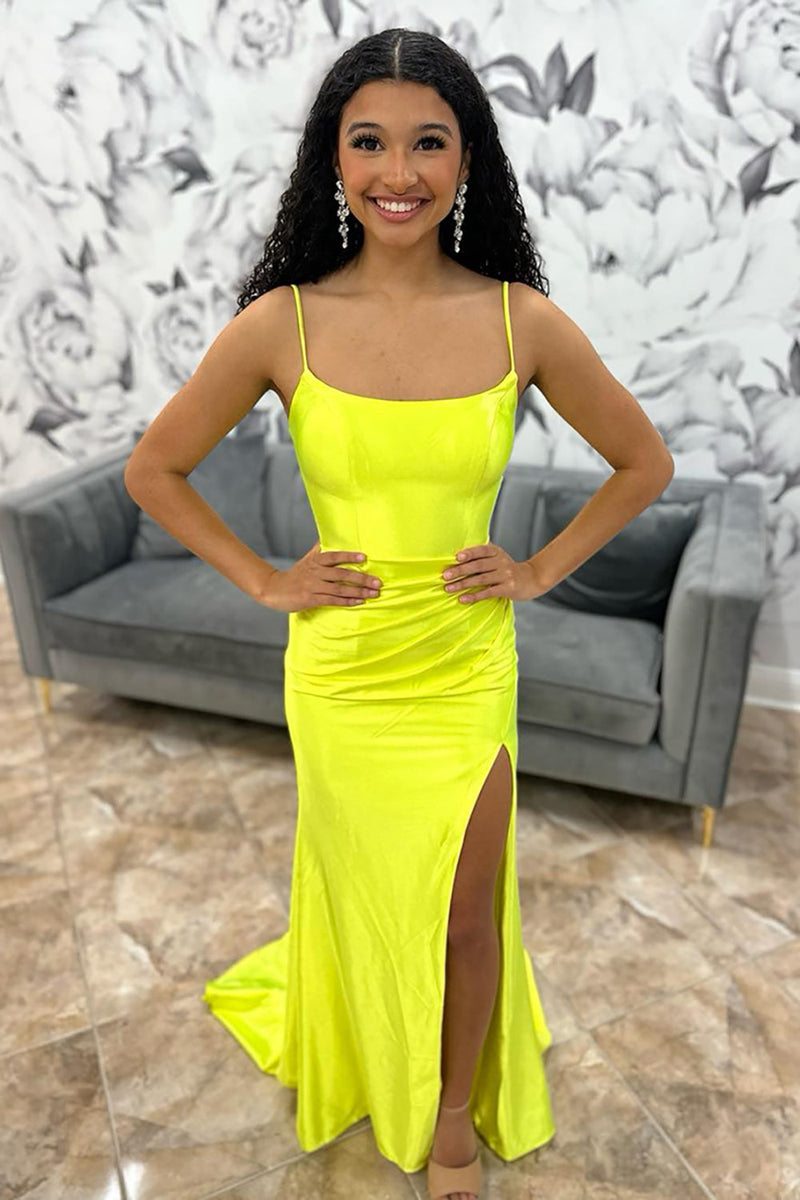Load image into Gallery viewer, Mermaid Yellow Spaghetti Straps Long Prom Dress with Slit