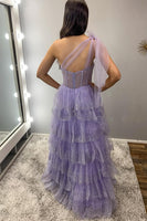 Load image into Gallery viewer, One Shoulder Sparkly Lilac A Line Tiered Long Corset Prom Dress