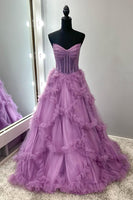 Load image into Gallery viewer, Taro Purple A Line Strapless Ruffled Long Corset Prom Dress