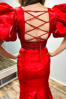 Load image into Gallery viewer, Sparkly Red V-Neck Long Beaded Prom Dress with Puff Sleeves