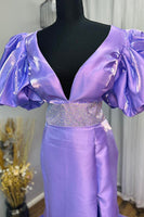 Load image into Gallery viewer, Sparkly Red V-Neck Long Beaded Prom Dress with Puff Sleeves