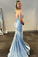 Load image into Gallery viewer, Grey Blue Long Appliqued Prom Dress with Slit