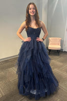 Load image into Gallery viewer, Women Sparkly A Line Navy Prom Dress Strapless Tiered Long Tulle Formal Dress