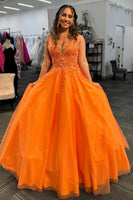 Load image into Gallery viewer, Floral Orange A Line Long Tulle Prom Dress with Appliques