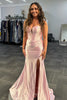Load image into Gallery viewer, Strapless Light Pink Satin Long Corset Prom Dress with Slit