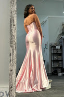 Load image into Gallery viewer, Strapless Light Pink Satin Long Corset Prom Dress with Slit