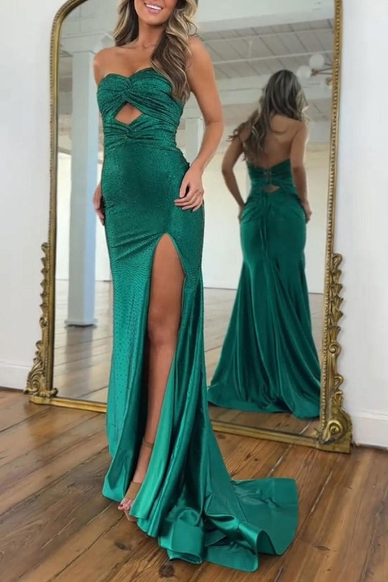 Load image into Gallery viewer, Sparkly Dark Green Mermaid Sweetheart Keyhole Long Prom Dress with Slit