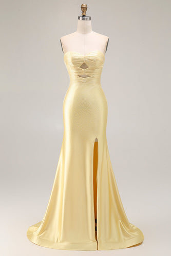 Sparkly Yellow Beaded Mermaid Keyhole Long Prom Dress with Slit