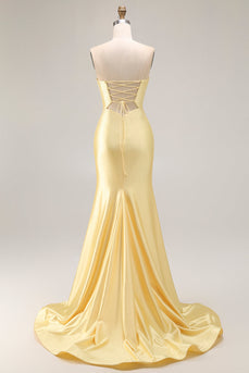Sparkly Yellow Beaded Mermaid Keyhole Long Prom Dress with Slit