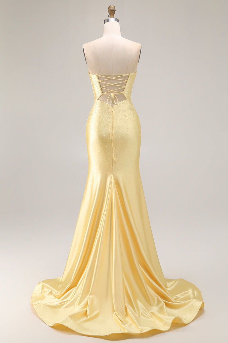 Load image into Gallery viewer, Sparkly Yellow Beaded Mermaid Keyhole Long Prom Dress with Slit