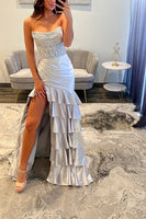 Load image into Gallery viewer, Sparkly Blush Corset Mermaid Tiered Long Prom Dress with Slit