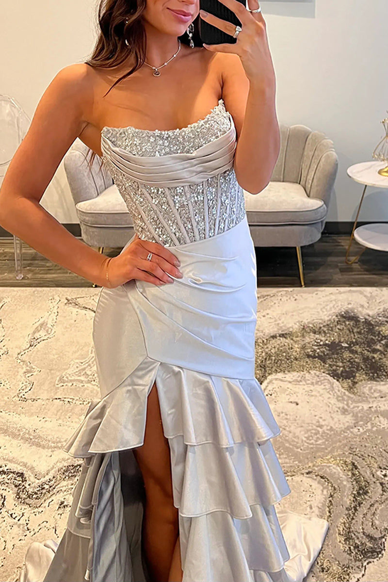 Load image into Gallery viewer, Sparkly Blush Corset Mermaid Tiered Long Prom Dress with Slit