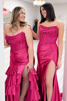 Load image into Gallery viewer, Sparkly Blush Corset Mermaid Tiered Long Prom Dress with Slit