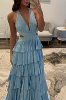 Load image into Gallery viewer, Sparkly Fuchsia Beaded A Line Tiered Long Prom Dress with Slit