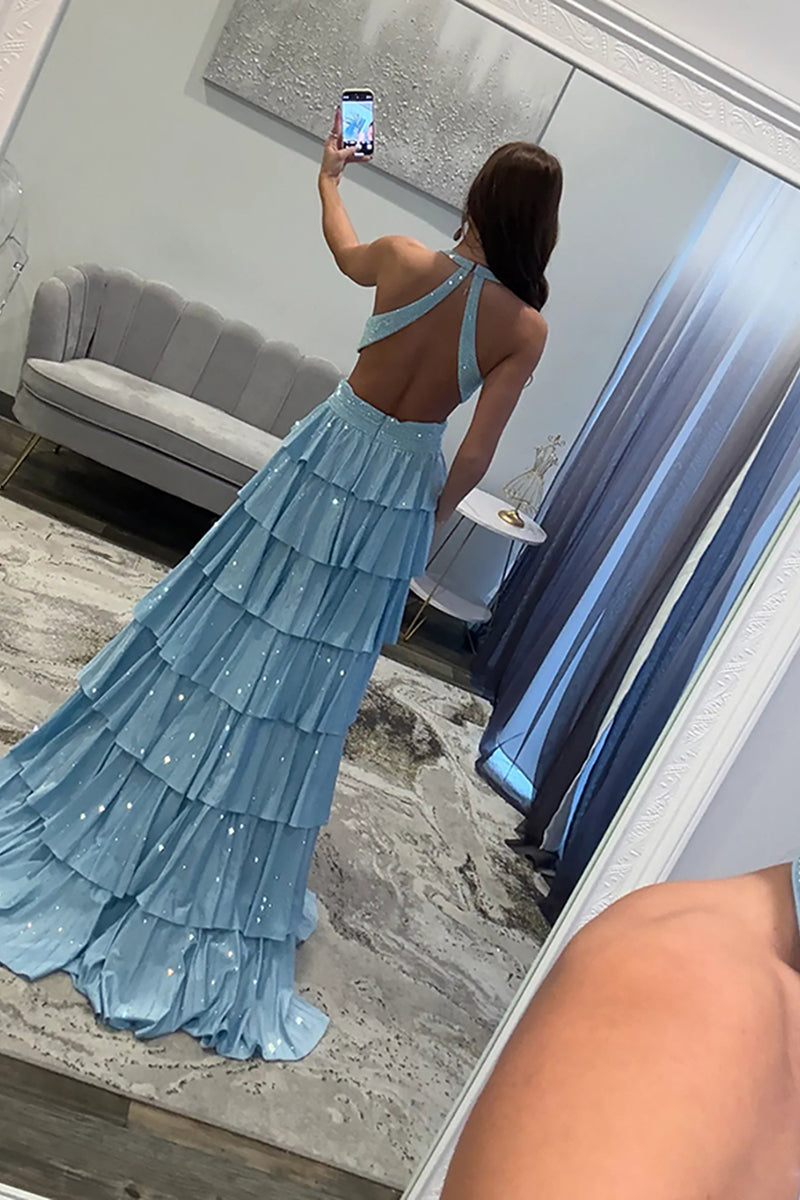 Load image into Gallery viewer, Sparkly Fuchsia Beaded A Line Tiered Long Prom Dress with Slit