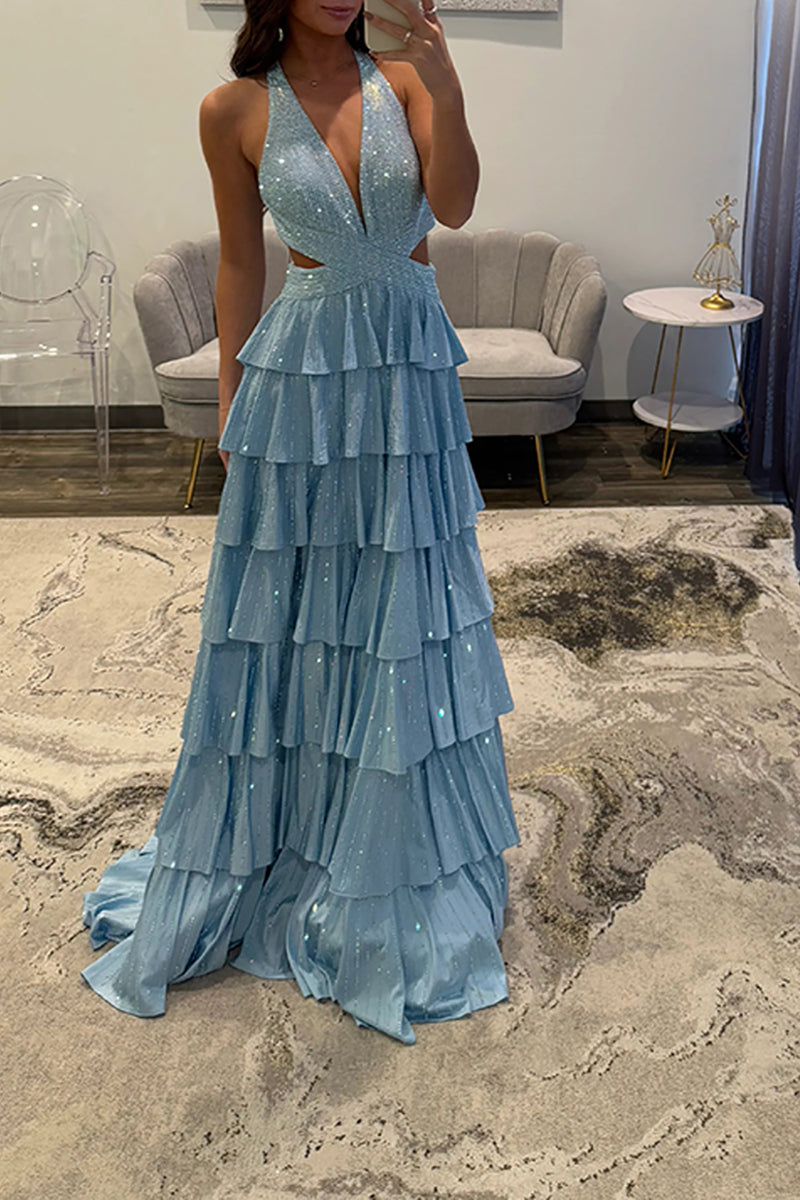 Load image into Gallery viewer, Sparkly Fuchsia Beaded A Line Tiered Long Prom Dress with Slit