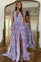 Load image into Gallery viewer, Sparkly Fuchsia Beaded A Line Tiered Long Prom Dress with Slit
