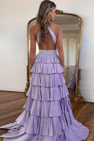 Load image into Gallery viewer, Sparkly Fuchsia Beaded A Line Tiered Long Prom Dress with Slit