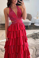 Load image into Gallery viewer, Sparkly Fuchsia Beaded A Line Tiered Long Prom Dress with Slit